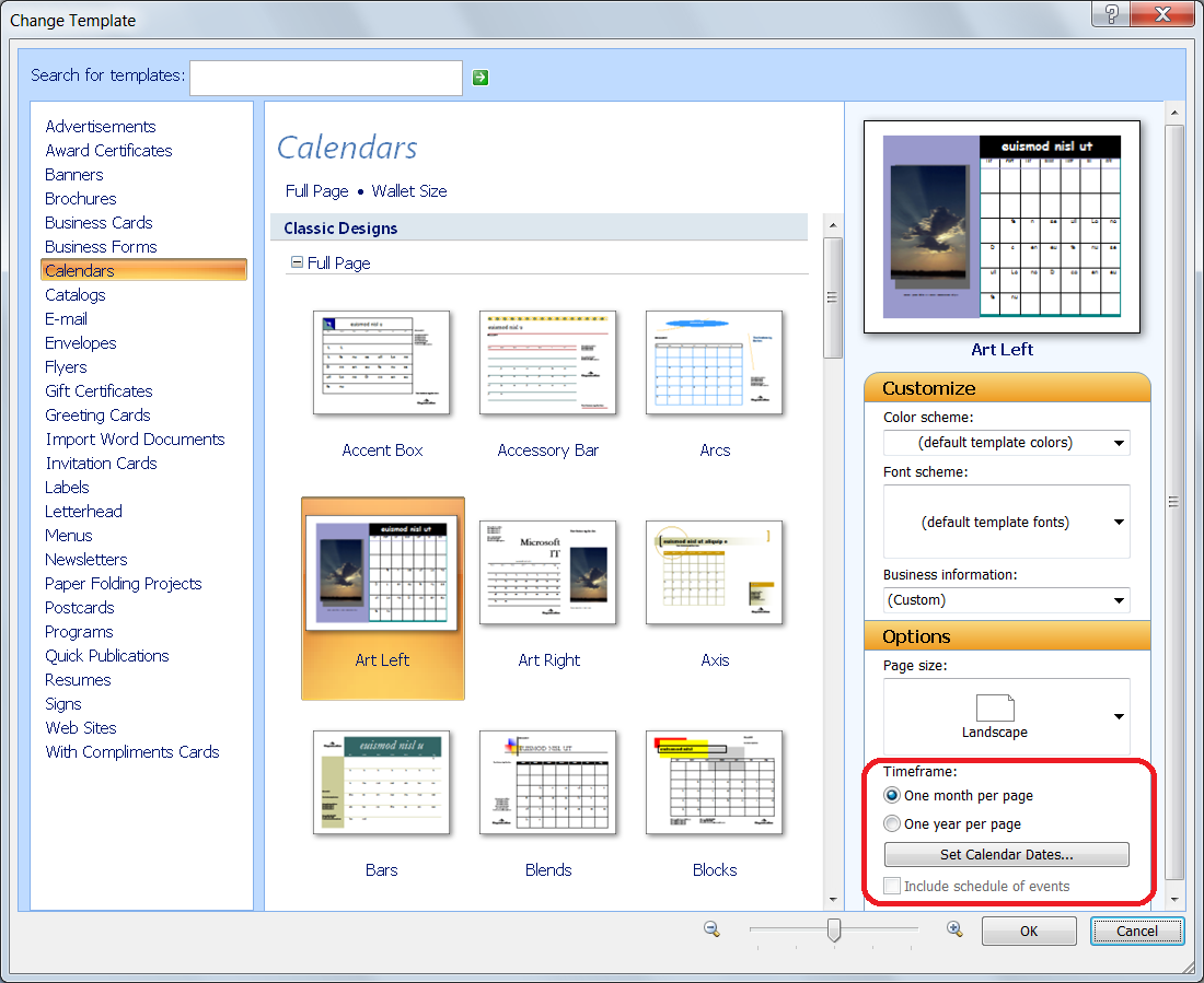 Calendars templates